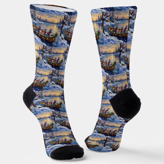 Oriental Blue Cat Christmas Boat Holiday Socks (Angled)