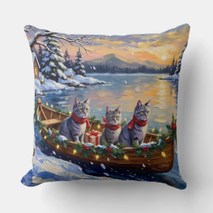 Oriental Blue Cat Christmas Boat Holiday Throw Pillow