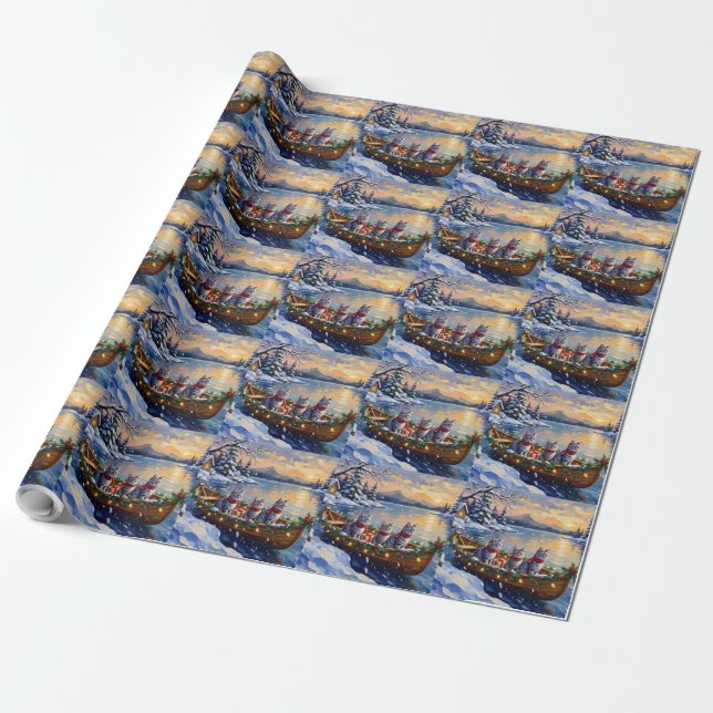 Oriental Blue Cat Christmas Boat Holiday Wrapping Paper (Unrolled)