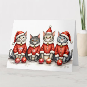 Oriental Blue Cat Christmas Dress Santa Hat Card
