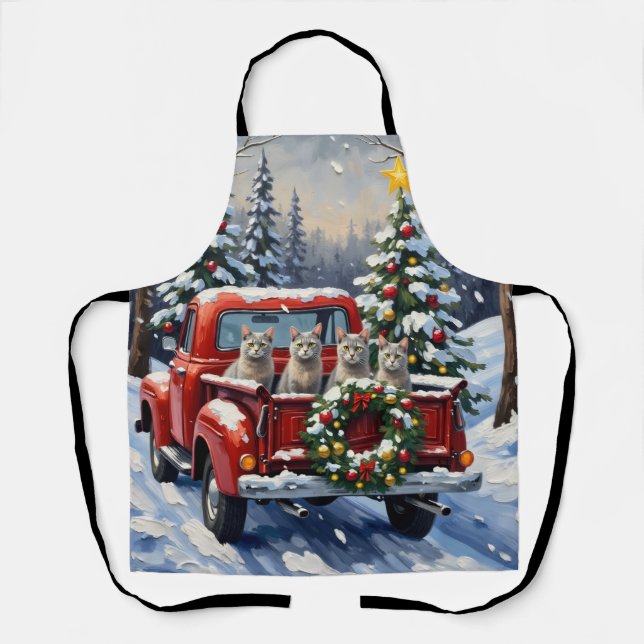 Oriental Blue Cat Christmas Red Truck Holiday Apron (Front)