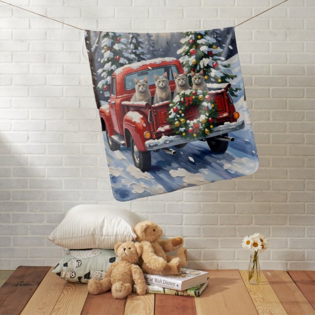Oriental Blue Cat Christmas Red Truck Holiday Baby Blanket (In Situ)
