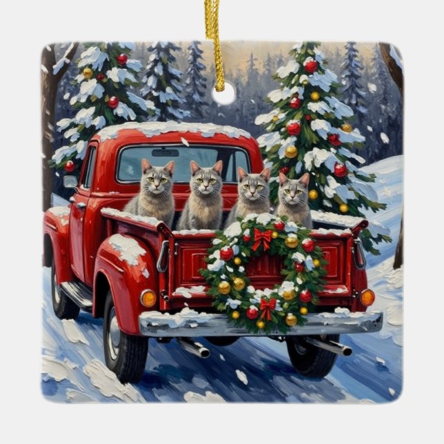 Oriental Blue Cat Christmas Red Truck Holiday Ceramic Ornament (Front)