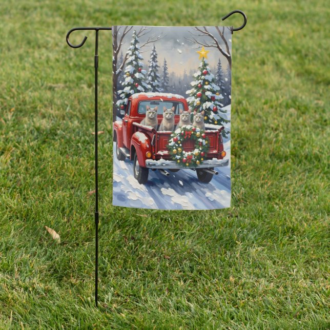 Oriental Blue Cat Christmas Red Truck Holiday Garden Flag (In SItu)