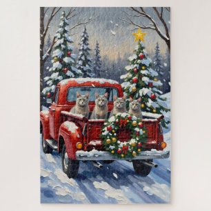 Oriental Blue Cat Christmas Red Truck Holiday Jigsaw Puzzle