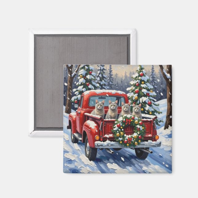 Oriental Blue Cat Christmas Red Truck Holiday Magnet (Front/Back)