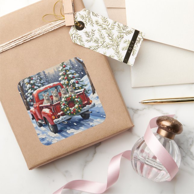 Oriental Blue Cat Christmas Red Truck Holiday Square Sticker (Gifting)