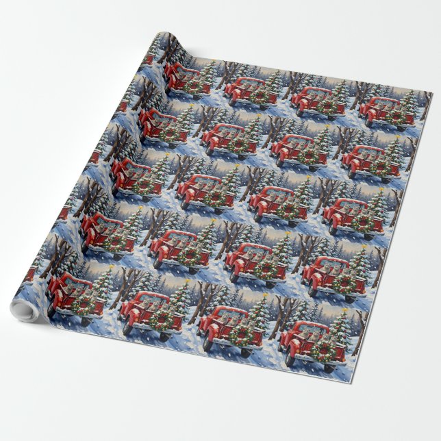 Oriental Blue Cat Christmas Red Truck Holiday Wrapping Paper (Unrolled)