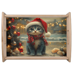 Oriental Blue Cat Christmas Vintage Beach Serving Tray