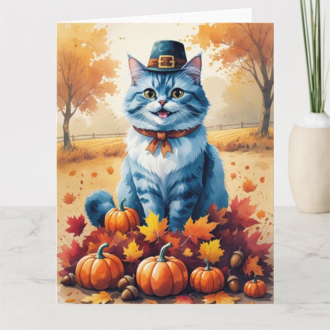 Oriental Blue Cat In Autumn Leaves Thanksgiving  Card (Front)