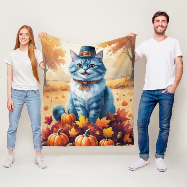 Oriental Blue Cat In Autumn Leaves Thanksgiving  Fleece Blanket (In Situ)