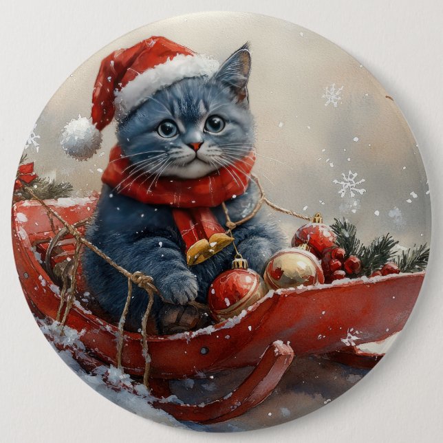 Oriental Blue Cat in Sledge Let it Snow Christmas  Button (Front)