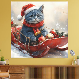 Oriental Blue Cat in Sledge Let it Snow Christmas Canvas Print