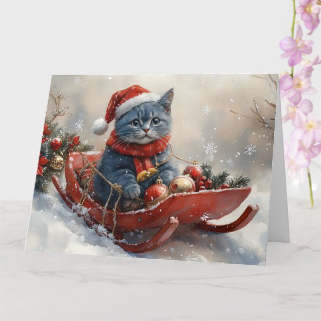 Oriental Blue Cat in Sledge Let it Snow Christmas  Card (Orchid)
