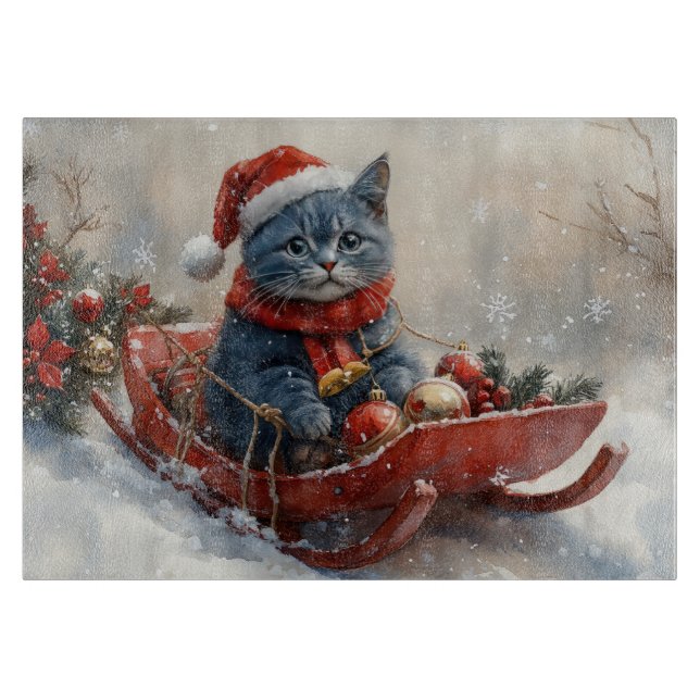 Oriental Blue Cat in Sledge Let it Snow Christmas  Cutting Board (Front)