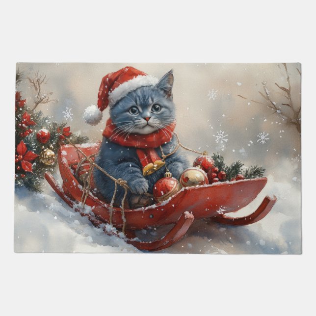Oriental Blue Cat in Sledge Let it Snow Christmas  Doormat (Front)