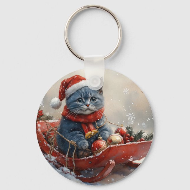 Oriental Blue Cat in Sledge Let it Snow Christmas  Keychain (Front)