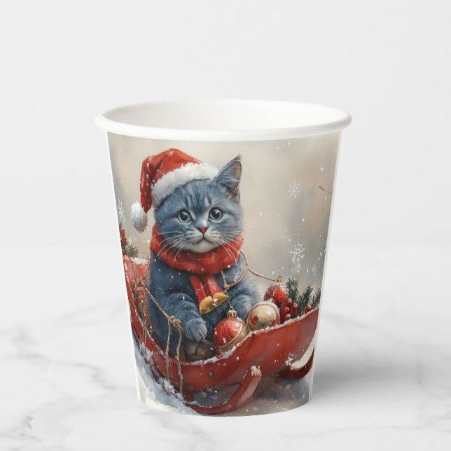 Oriental Blue Cat in Sledge Let it Snow Christmas  Paper Cups (Front)
