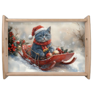 Oriental Blue Cat in Sledge Let it Snow Christmas Serving Tray