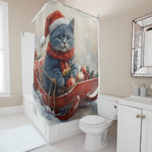 Oriental Blue Cat in Sledge Let it Snow Christmas Shower Curtain