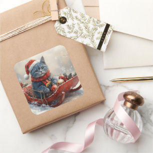 Oriental Blue Cat in Sledge Let it Snow Christmas Square Sticker