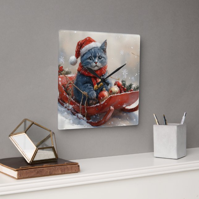 Oriental Blue Cat in Sledge Let it Snow Christmas  Square Wall Clock (Office)