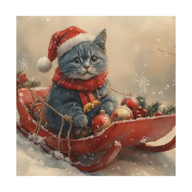 Oriental Blue Cat in Sledge Let it Snow Christmas  Wood Wall Art (Front)