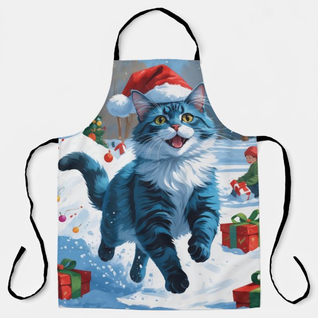 Oriental Blue Cat Sitting in Snow Christmas Hat Apron (Front)