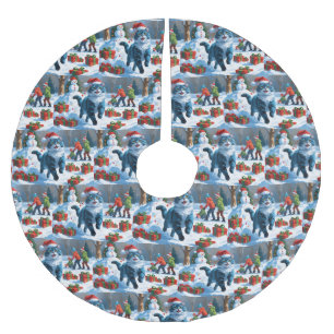 Oriental Blue Cat Sitting in Snow Christmas Hat Brushed Polyester Tree Skirt