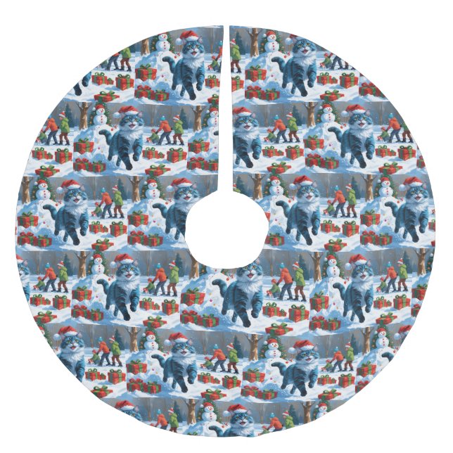 Oriental Blue Cat Sitting in Snow Christmas Hat Brushed Polyester Tree Skirt (Front)