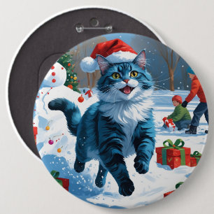 Oriental Blue Cat Sitting in Snow Christmas Hat Button