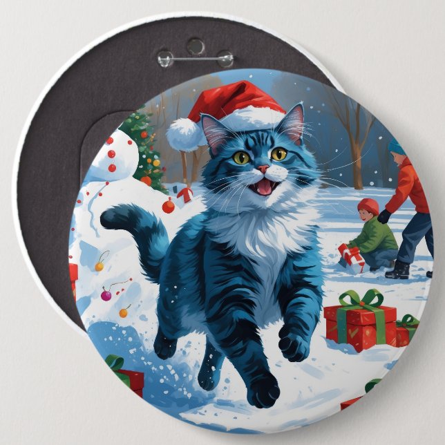 Oriental Blue Cat Sitting in Snow Christmas Hat Button (Front & Back)
