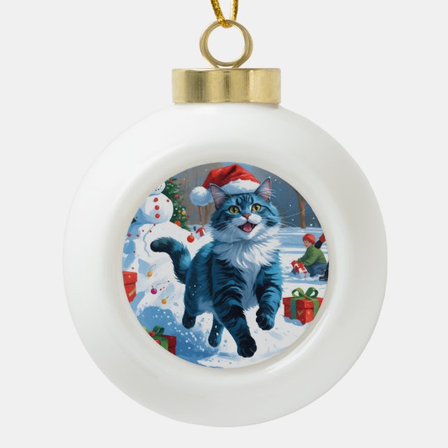 Oriental Blue Cat Sitting in Snow Christmas Hat Ceramic Ball Christmas Ornament (Front)