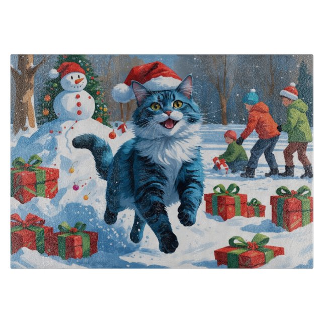 Oriental Blue Cat Sitting in Snow Christmas Hat Cutting Board (Front)