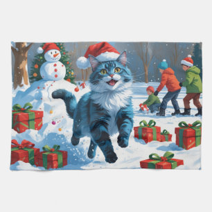 Oriental Blue Cat Sitting in Snow Christmas Hat Kitchen Towel