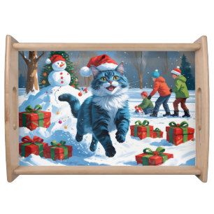 Oriental Blue Cat Sitting in Snow Christmas Hat Serving Tray