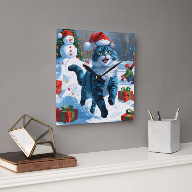 Oriental Blue Cat Sitting in Snow Christmas Hat Square Wall Clock (Office)