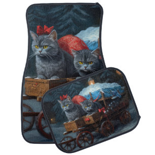 Oriental Blue Cat Snowy Sleigh Christmas Decor Car Floor Mat