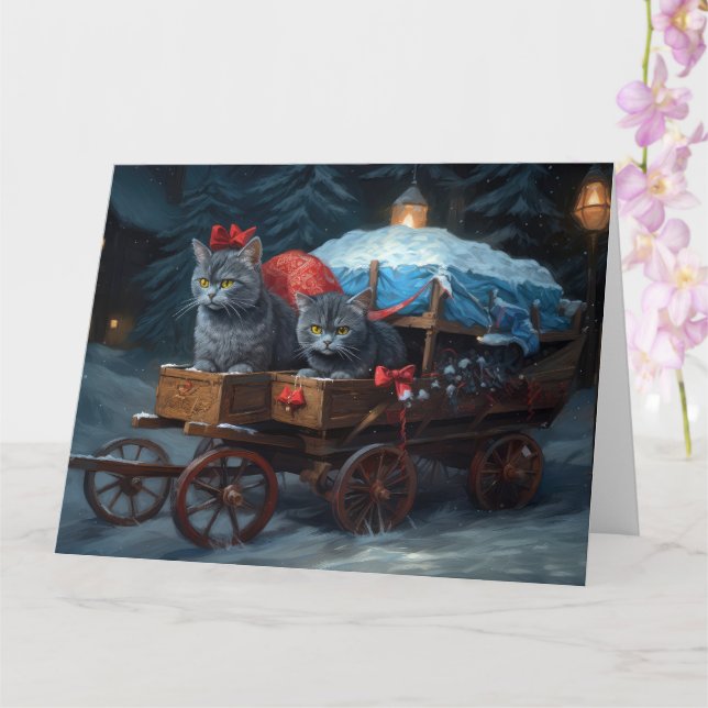Oriental Blue Cat Snowy Sleigh Christmas Decor Card (Orchid)