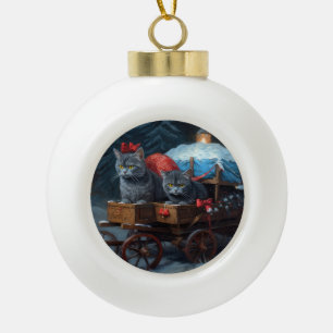 Oriental Blue Cat Snowy Sleigh Christmas Decor Ceramic Ball Christmas Ornament