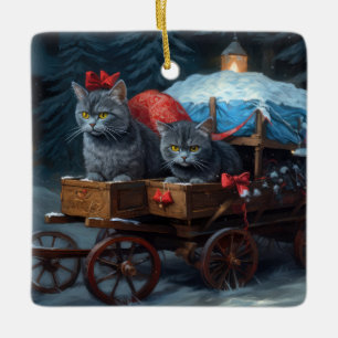 Oriental Blue Cat Snowy Sleigh Christmas Decor Ceramic Ornament
