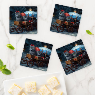 Oriental Blue Cat Snowy Sleigh Christmas Decor Coaster Set