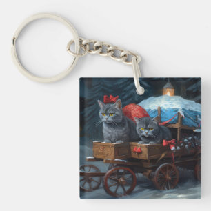 Oriental Blue Cat Snowy Sleigh Christmas Decor Keychain