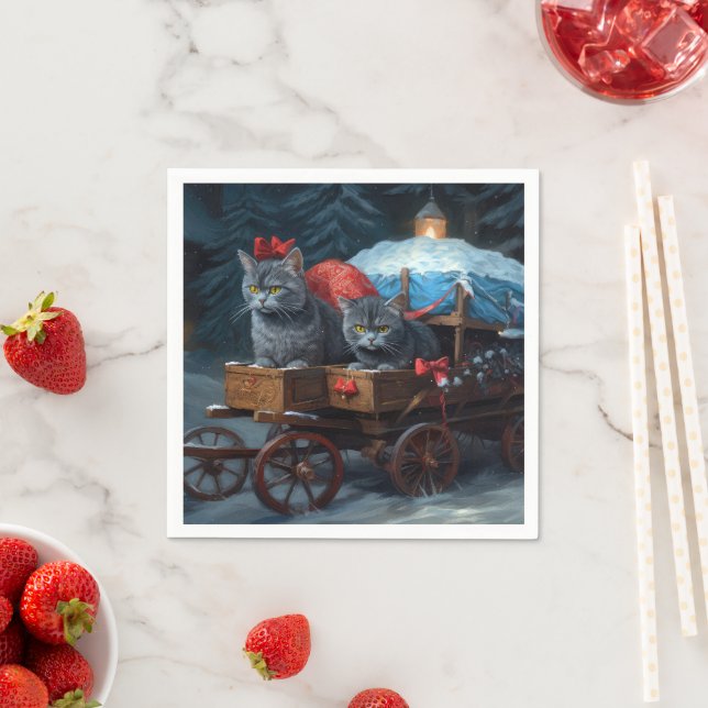 Oriental Blue Cat Snowy Sleigh Christmas Decor Napkins (Insitu)
