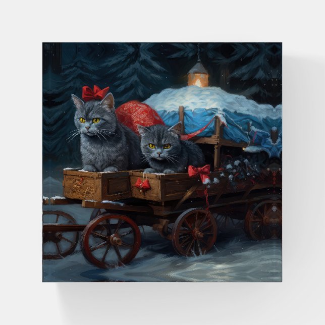 Oriental Blue Cat Snowy Sleigh Christmas Decor Paperweight (Front)