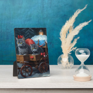 Oriental Blue Cat Snowy Sleigh Christmas Decor Plaque