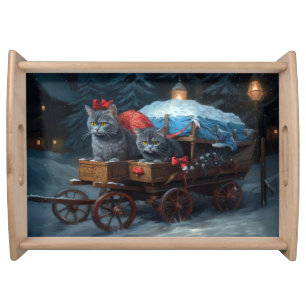 Oriental Blue Cat Snowy Sleigh Christmas Decor Serving Tray