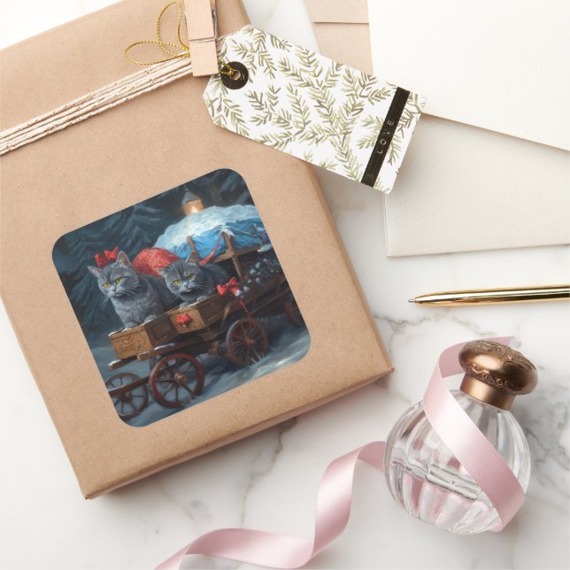 Oriental Blue Cat Snowy Sleigh Christmas Decor Square Sticker (Gifting)