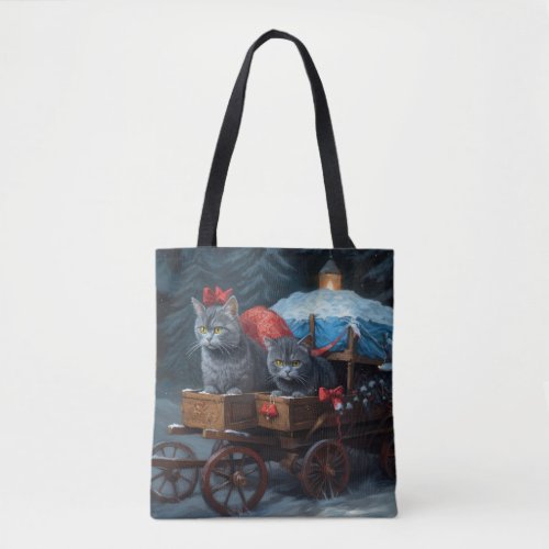 Oriental Blue Cat Snowy Sleigh Christmas Decor Tote Bag
