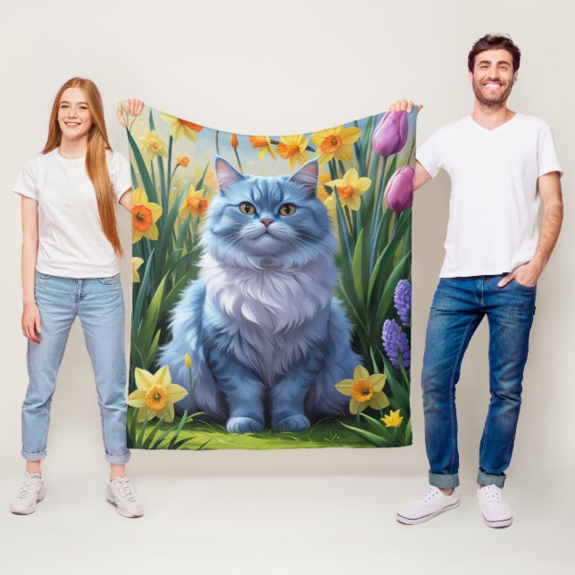 Oriental Blue Cat Spring Flowers Painting  Fleece Blanket (In Situ)